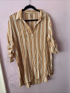 Lightweight Tan & White Striped Swim Coverup
